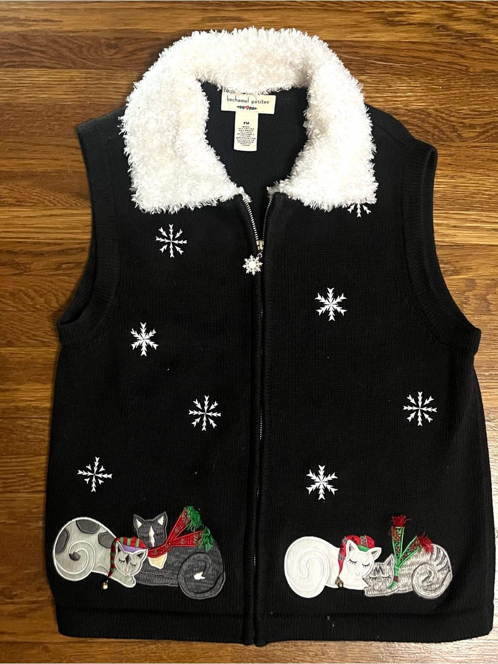 Y2k bechamel cat Christmas sweater vest cardigan novelty kitty black P M